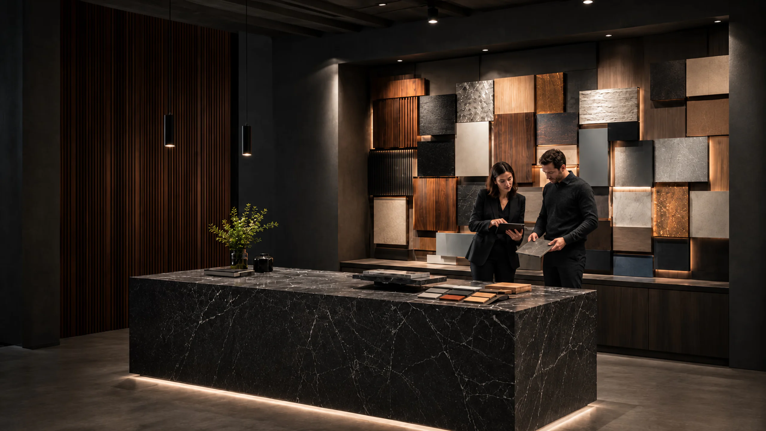 Consultation covering : sélection de matières et échantillons dans un showroom professionnel Decovering.