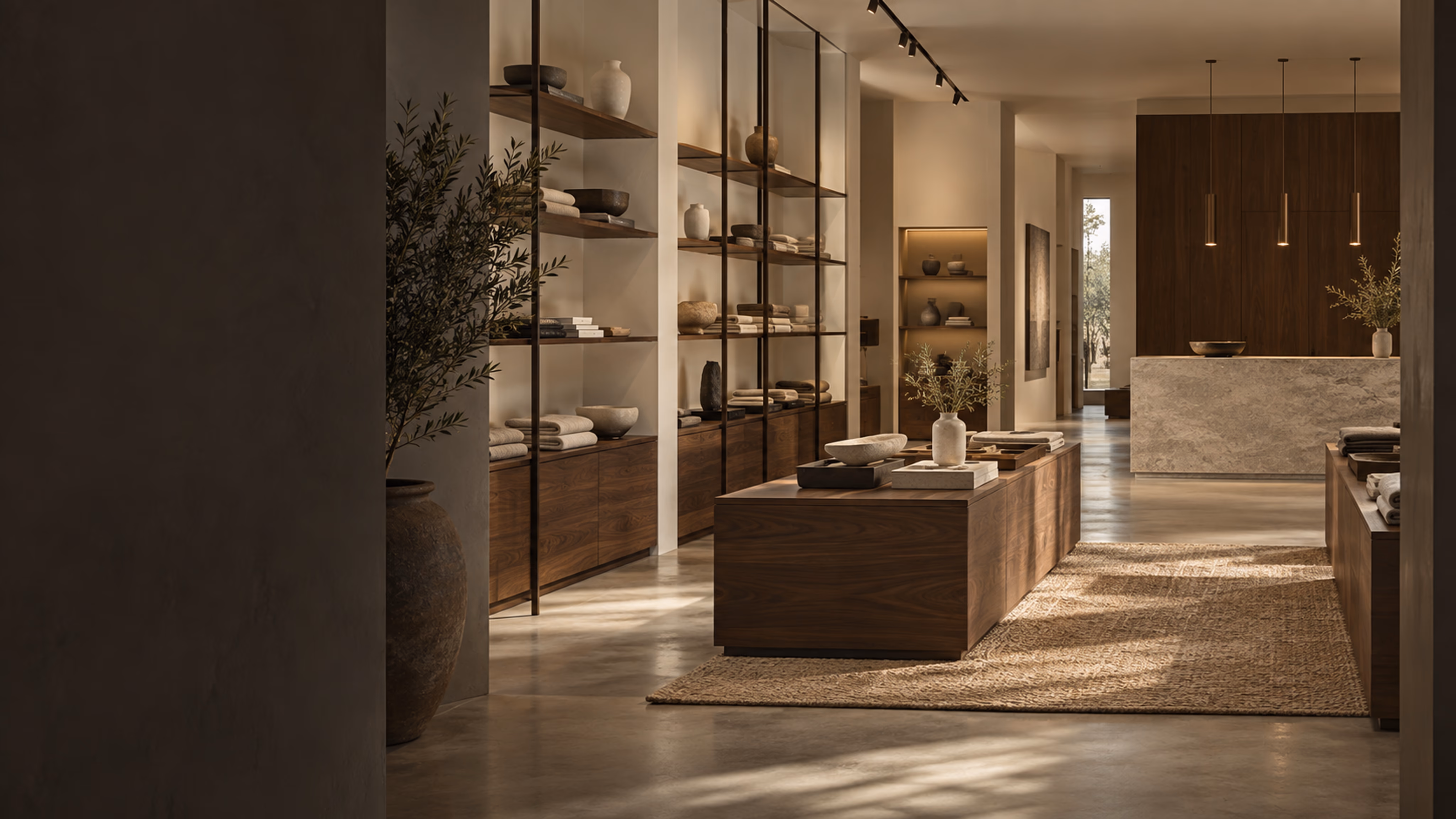 Boutique contemporaine avec présentoirs en bois sombre et comptoir effet pierre, illustration d’ambiance