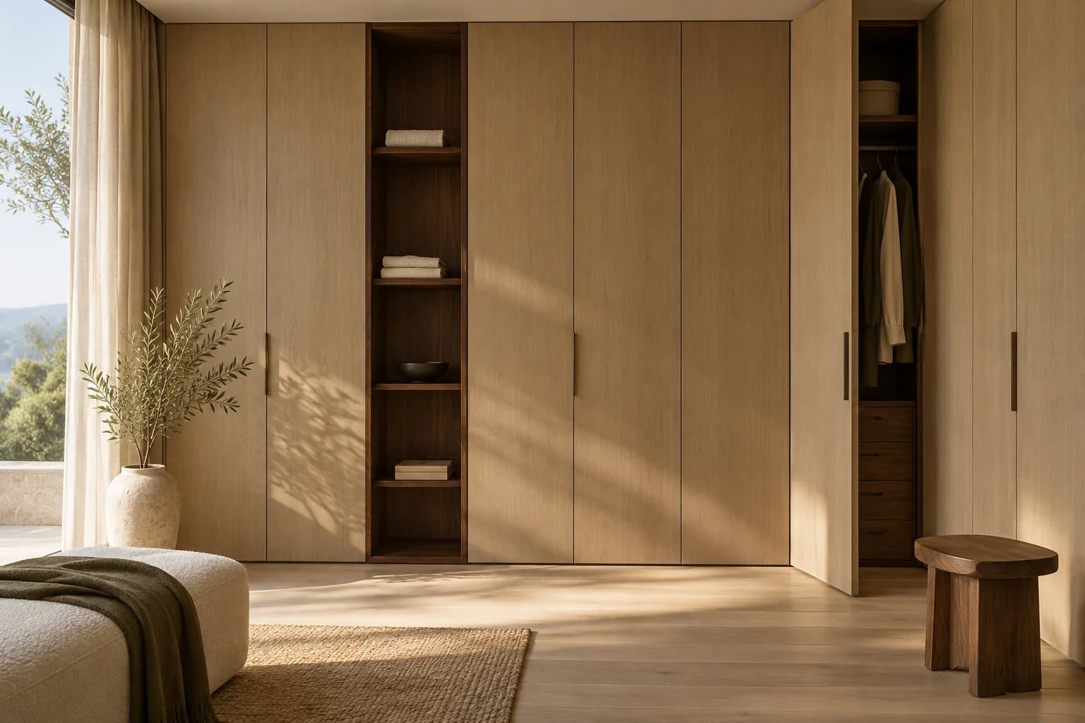 Dressing en bois clair avec niche ouverte et façades toute hauteur