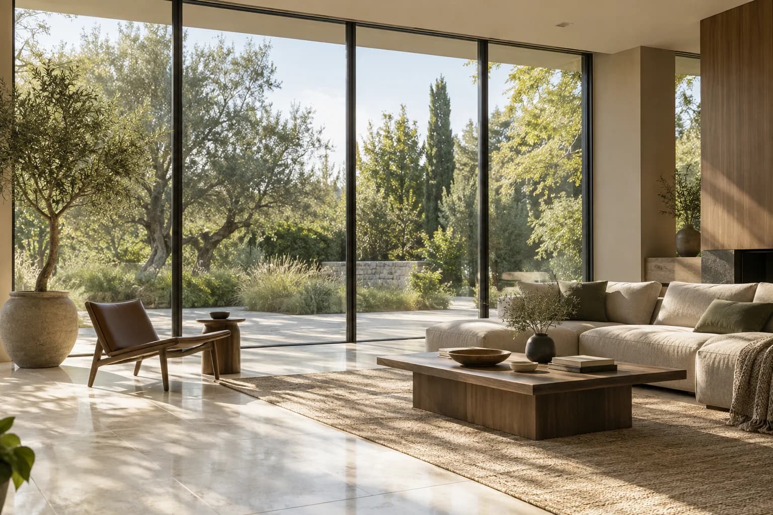 Grande baie vitrée ouvrant un salon en pierre claire sur le jardin