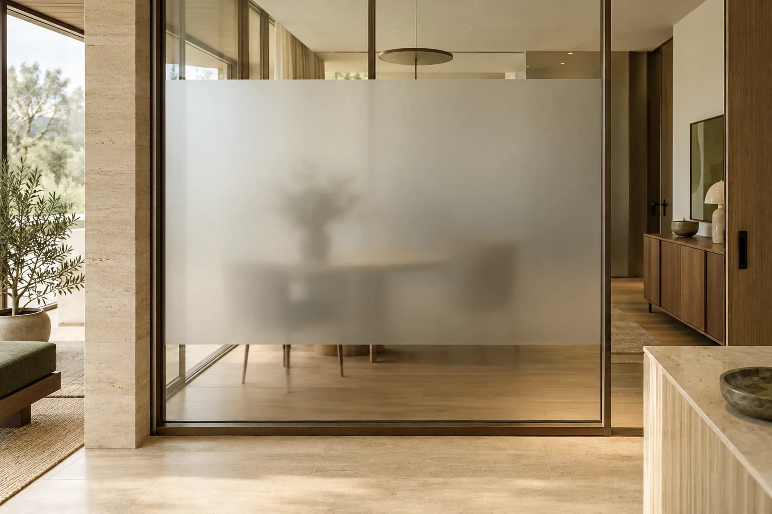 Cloison de verre partiellement dépolie dans un intérieur lumineux