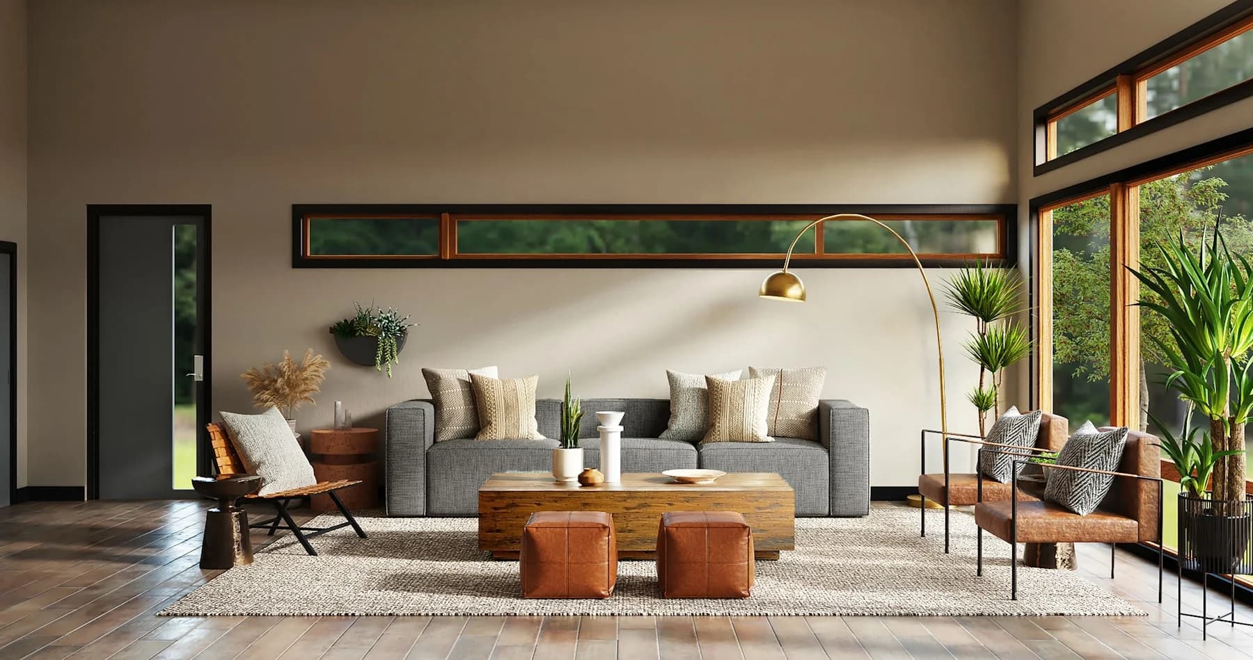 Salon lumineux avec meubles en bois et large ouverture sur le jardin