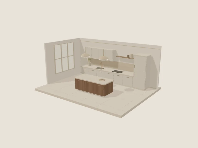 Aperçu de la cuisine 3D : façades minérales claires et îlot en noyer.