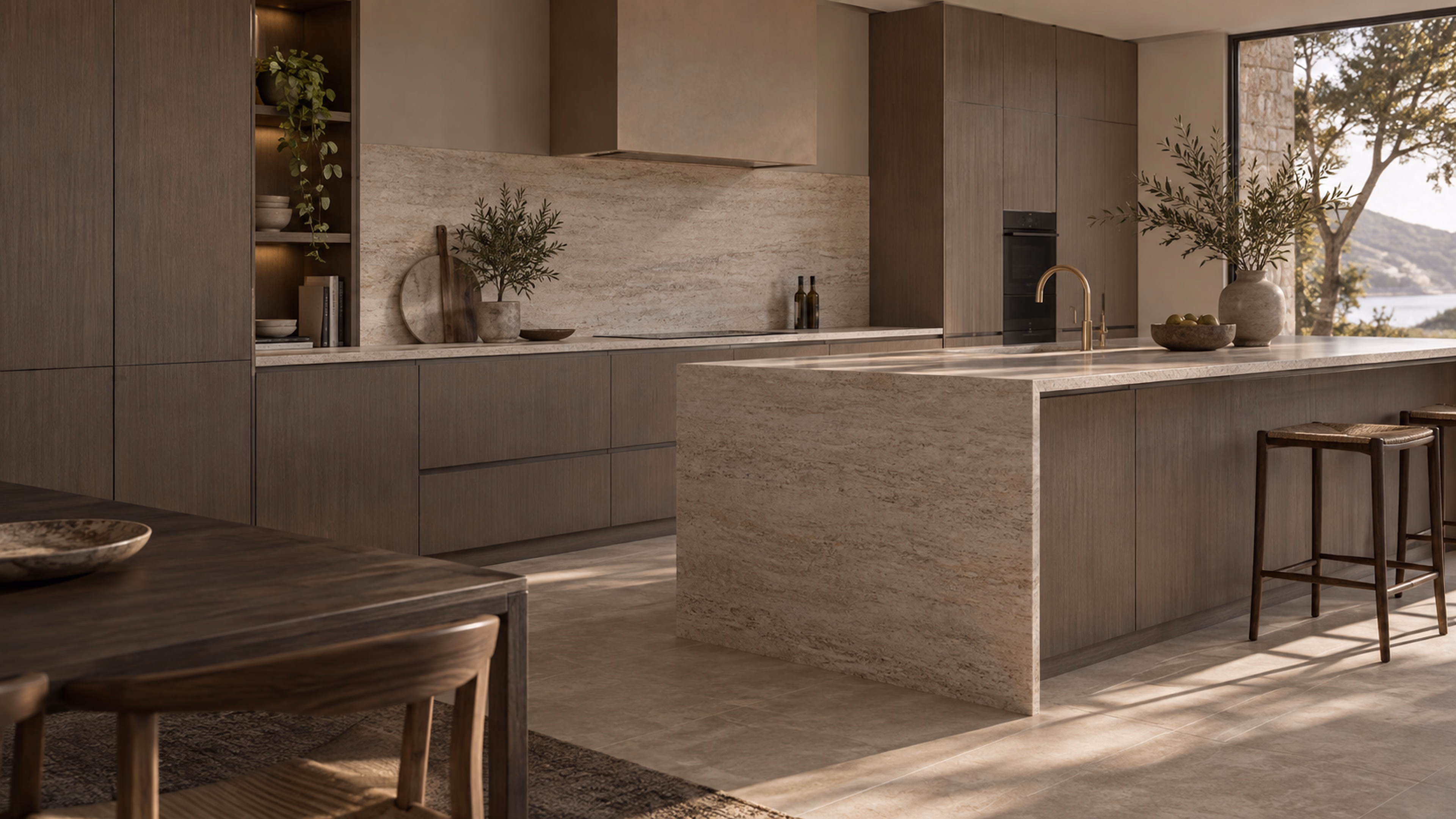 Cuisine contemporaine aux façades bois et à l’îlot minéral
