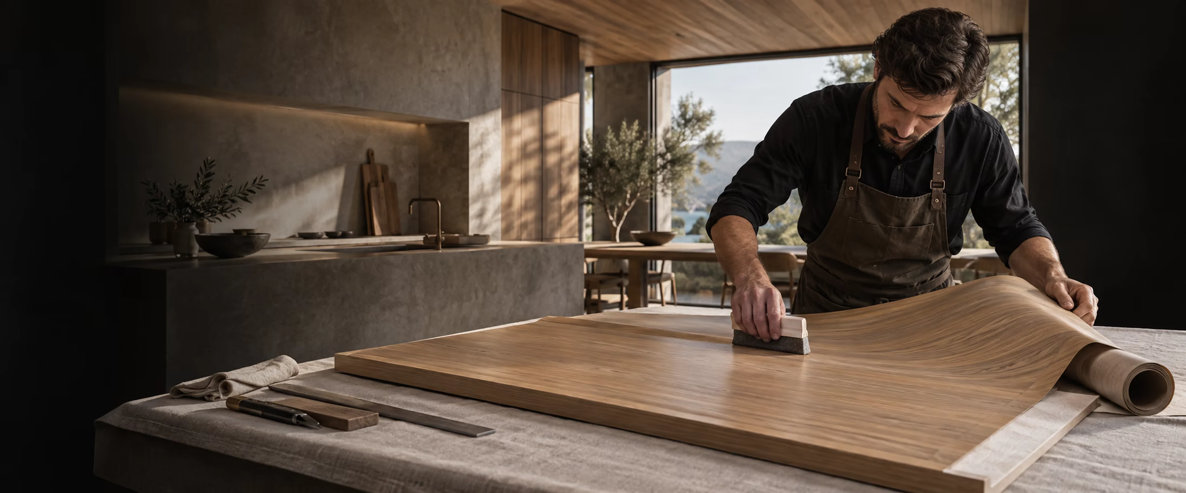 Illustration d’un artisan appliquant un film décoratif bois