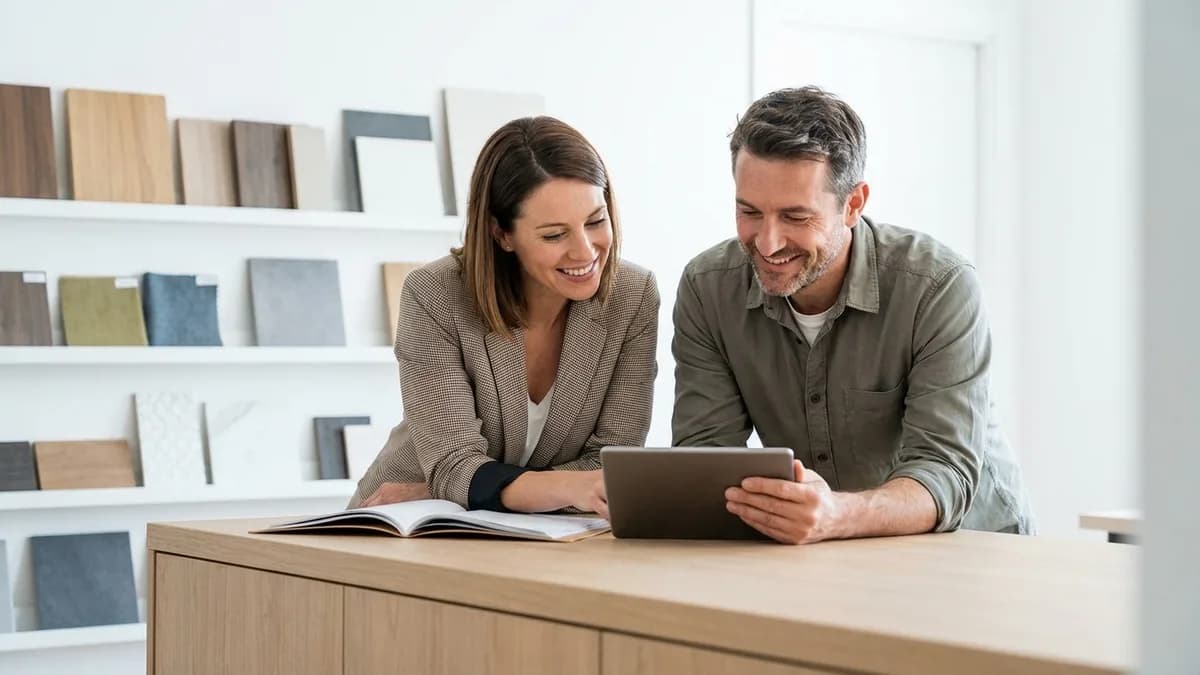 Professionnels du bâtiment en échange dans un espace de travail lumineux, documents et matériaux en arrière-plan.