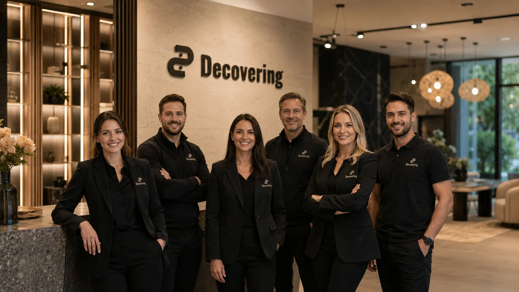 L’équipe Decovering dans le showroom, collaborateurs devant le logo de la marque.