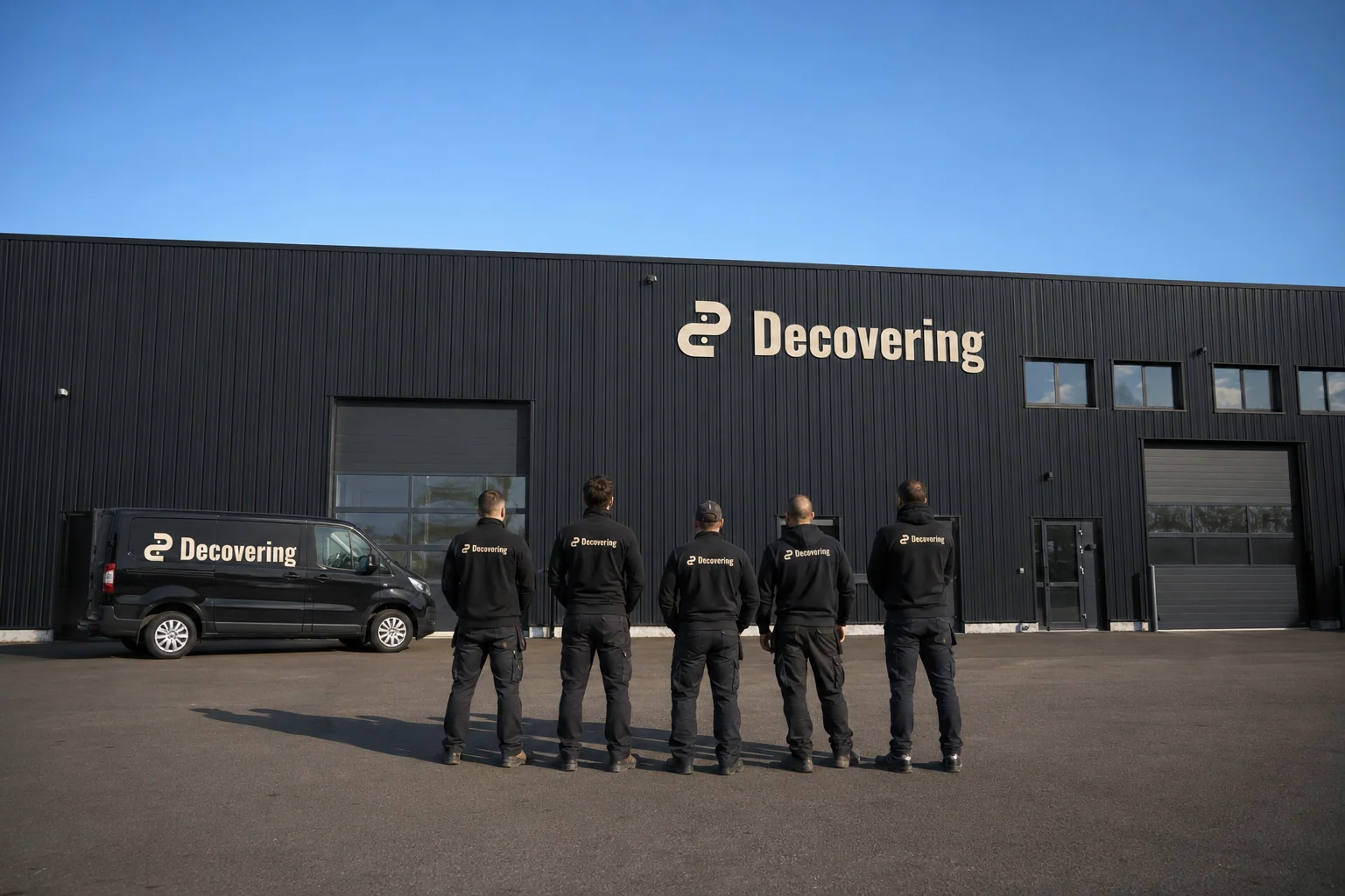 L’équipe Decovering devant le showroom, poseurs partenaires et van de marque.